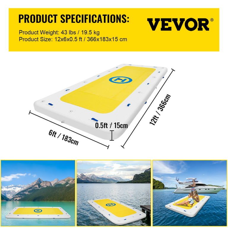 Vevorbrand Inflatable Dock Platform PVC Floating Dock 12 x 6 ft 3-5 Person with 2 Pumps, Size: 12' x 6