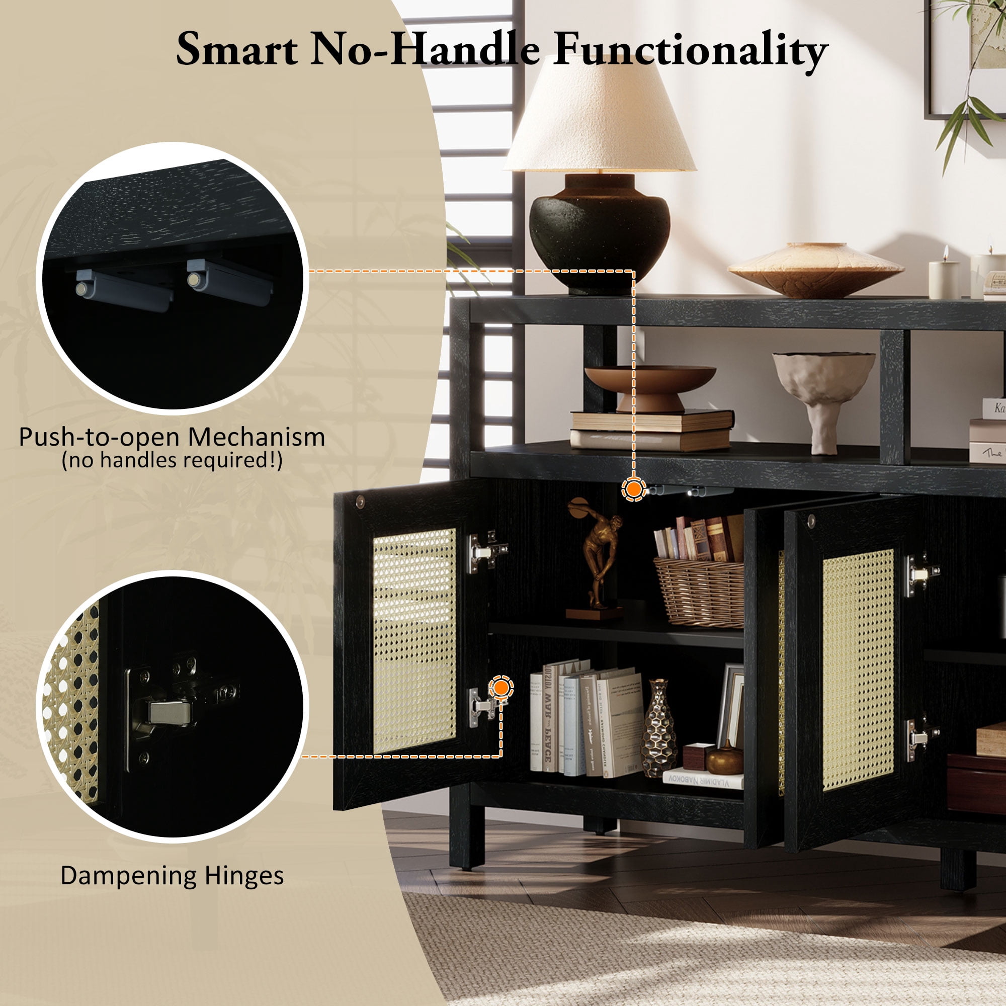 Aukfa Rattan Buffet Storage Cabinet,TV Cabinet for Living Dining Rooms,Bohemian Style,Black