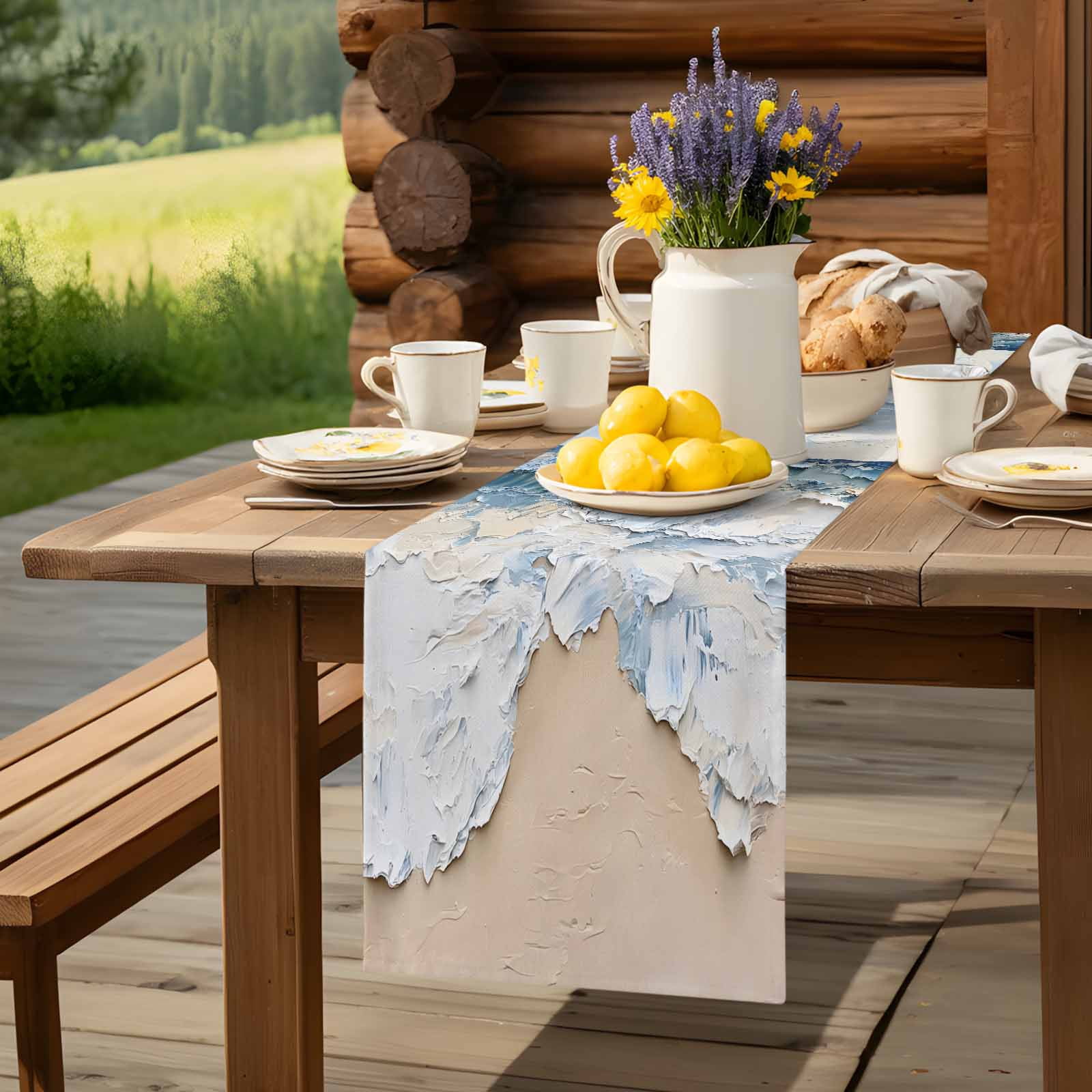 Blue White Coastal Beach Waves Table Runner 90 Inches Long, Abstract Art Table Runners Tabletop Scarf Kitchen Dining Tables Decoration for Home Party Indoor Outdoor