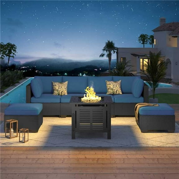 YODOLLA 7-Piece Patio Furniture Set with 30" Fire Pit Table, Rattan Wicker Outdoor Sectional Sofa Couch with Table Patio Conversation Set for Lawn& Backyard In Black& Navy
