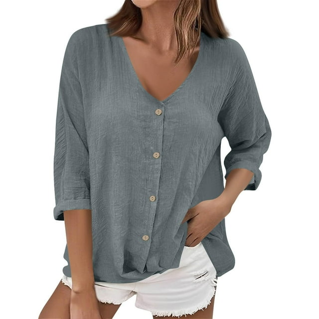 BLVB Long Sleeve Shirts for Women Button down V Neck Tops Solid Color Casual Loose Beach Vacation Blouses for Fall