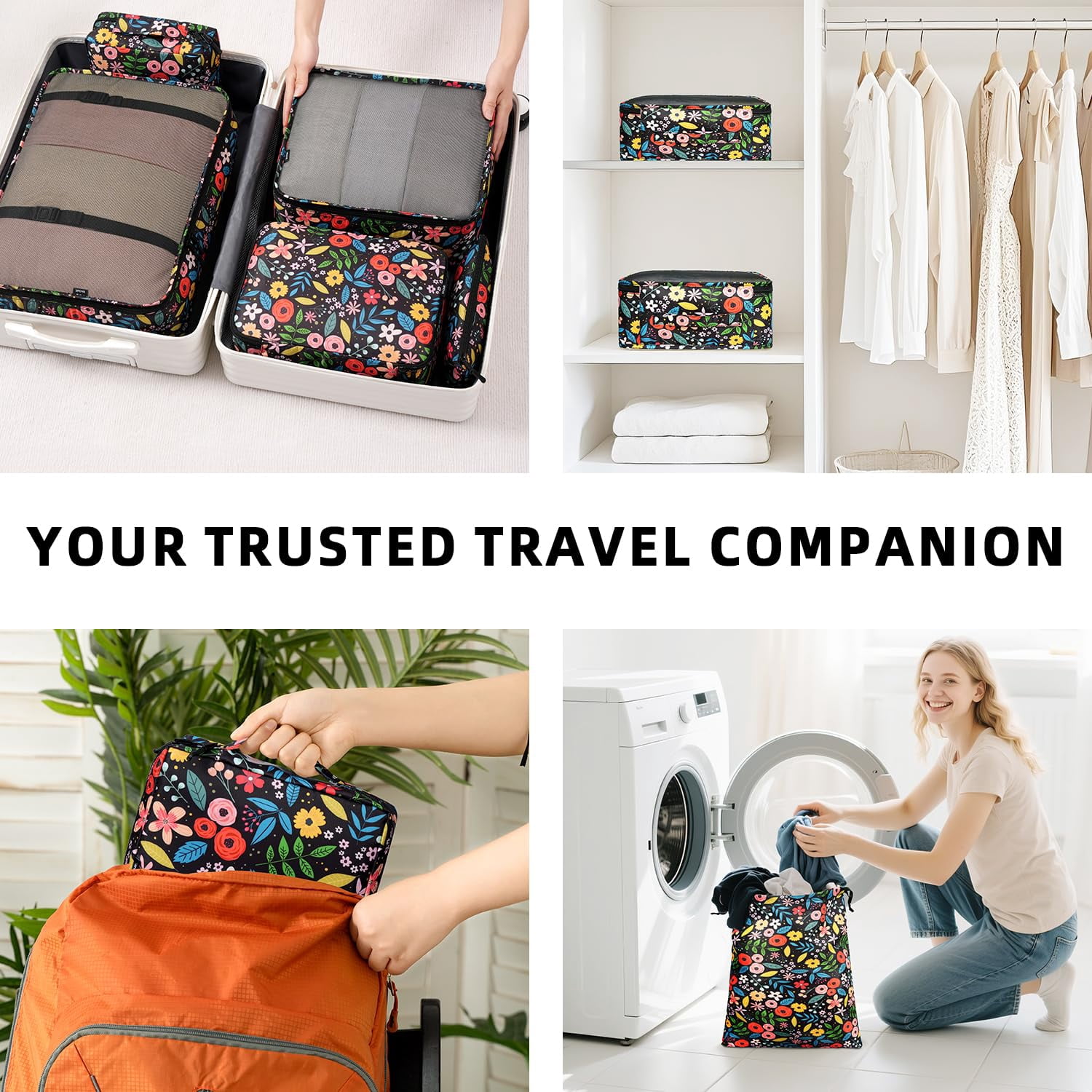 8 Set Packing Cubes Luggage Organizers For Travel Accessories-black Floral