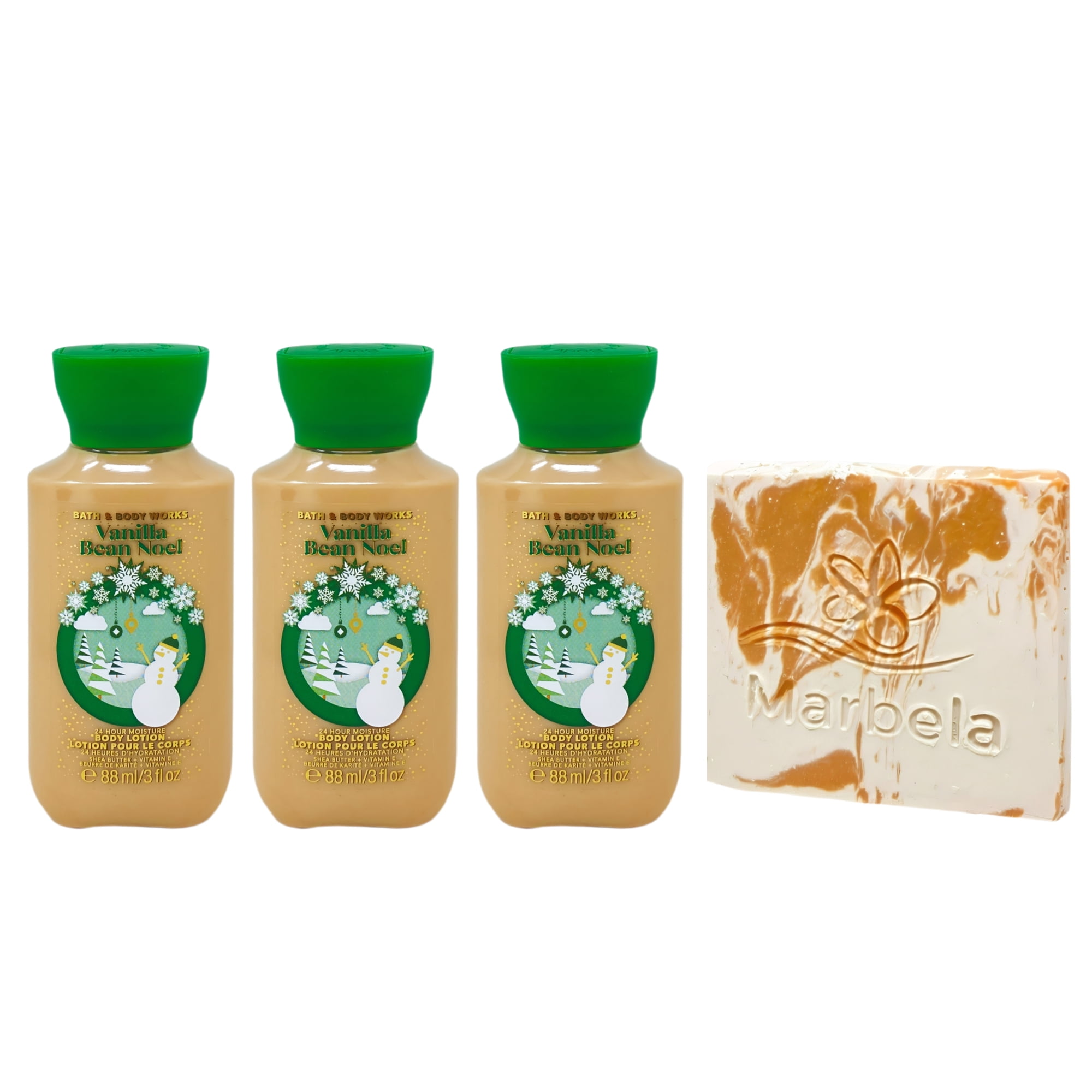 Bath & Body Works Vanilla Bean Noel - 3 Body Lotions with a Peach Gardenia Mini Soap - Travel Size