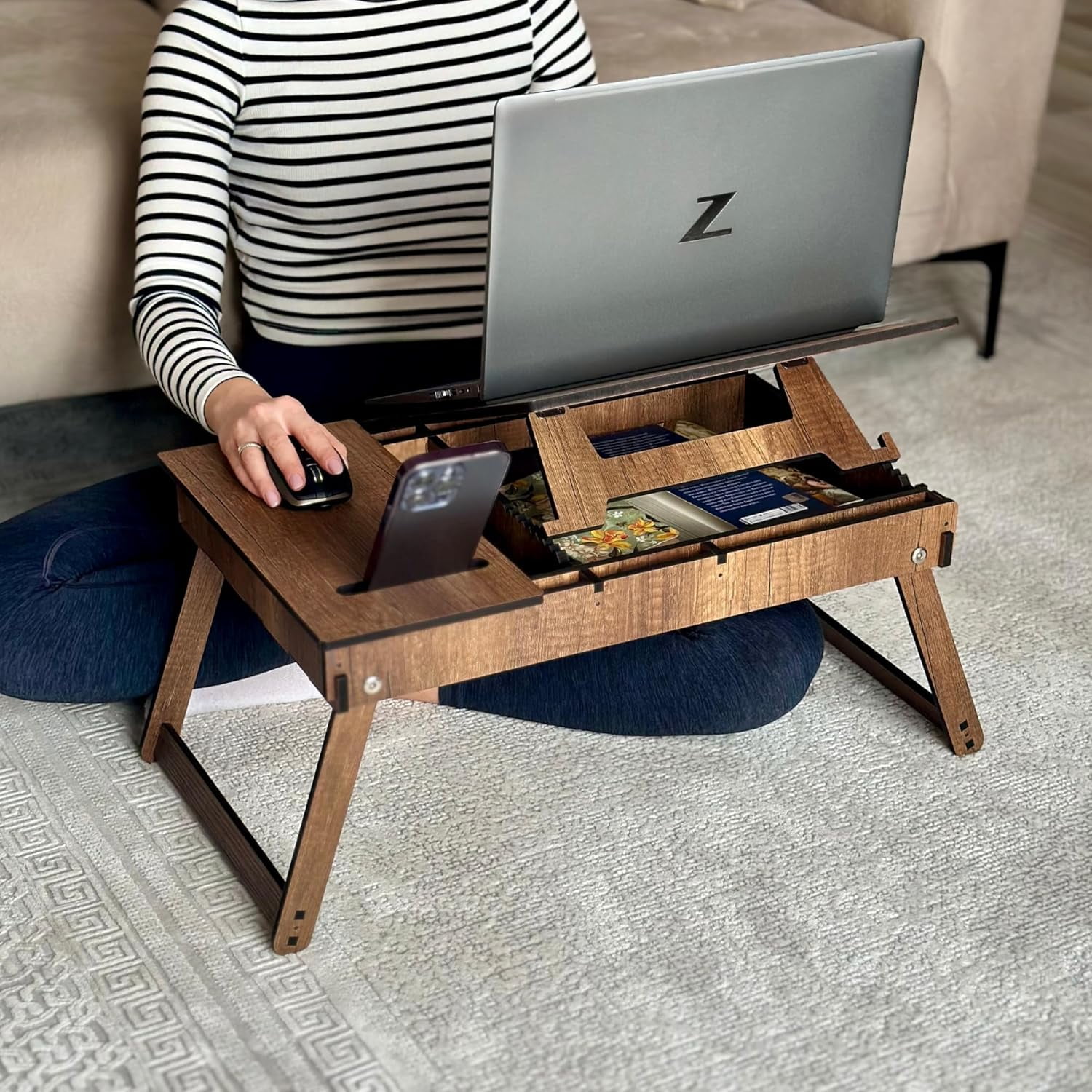 Vigo Wood Laptop Stand for Bed, Adjustable Lap Tray with Built-in Storage, Foldable and Ergonomic Design for Reading, Writing, and Working