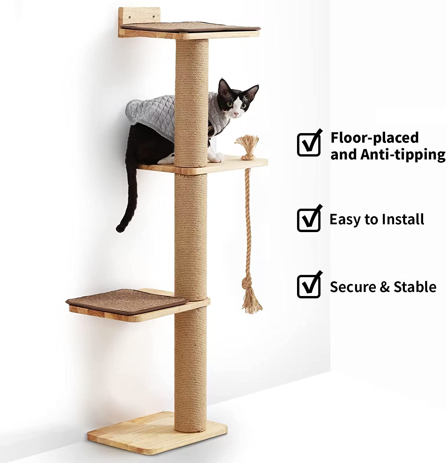 Cat Scratching Activity Tree Wall Mounted, 50 Inch Cats Scratch Post, with Kitten Bed, Rubber Wood Scratcher Posts, Large