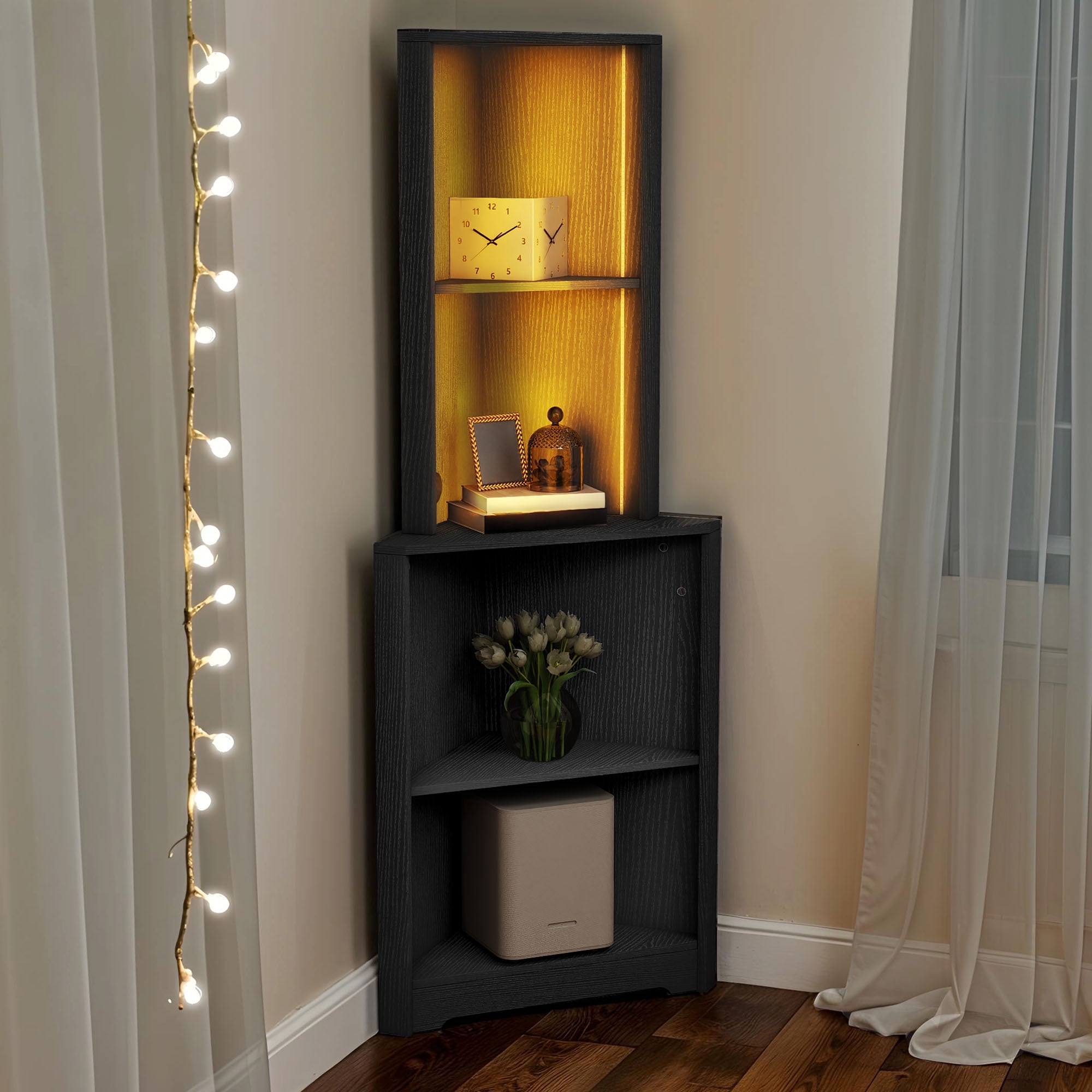 Uforic  5-Tier Corner Shelf with LED Light, Bar Cabinet Corner Bookshelf and Bookcase for Home, Black