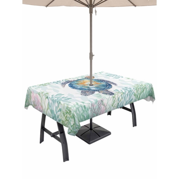 Outdoor Tablecloth with Umbrella Hole and Zipper, Sea Turtle Coastal Rectangle Table Cloth 54x80 Inch Waterproof Tablecloth, Blue Green Summer Beach Coral Picnic Table Cover for Patio Camping