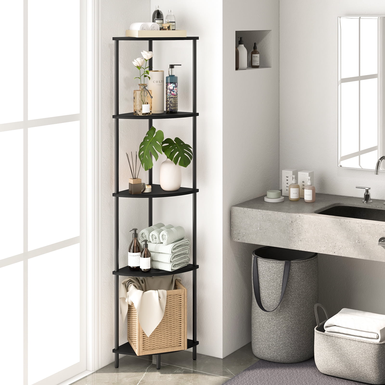 Yoobure Corner Shelf Stand, 5-Tier Corner Shelves, 65" Wall Corner Bookshelf, Display Shelf Tall Shelf Plant Stand for Bedroom, Bathroom, Living Room, Black
