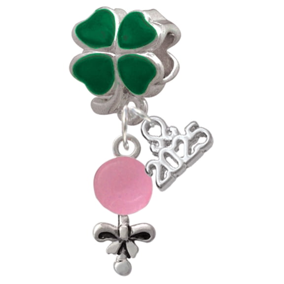 Delight Jewelry Silver-tone Pink Baby Rattle - Good Luck Green Four Leaf Clover Charm Bead Dangle with Mini 2025