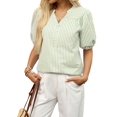 thumbnail image 2 of Womens Short Puff Sleeve Striped Blouses Top V Neck Loose Fit Casual Summer Work Blouses Striped Shirt Light Green M, 2 of 8