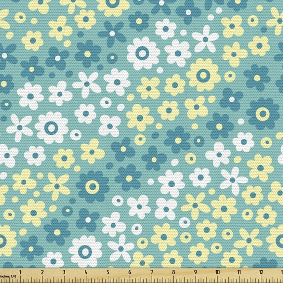 Floral Upholstery Fabric by the Yard, Continuous Abstract Cutsy Flowers Spring Inspired Theme Print, Decorative Fabric for DIY and Home Accents, Pale Yellow Sea Blue by Ambesonne