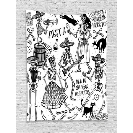 Mexican Tapestry, Day of the Dead Dancers Themed Woman and Man Skeleton Icon Playing Music Design, Wall Hanging for Bedroom Living Room Dorm Decor, Black White, by