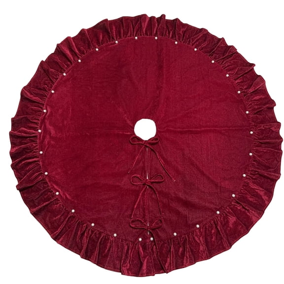 Ruffled Velvet Christmas Tree Skirt with Pearl Trim & Bow Ties 60 in,Luxury Round Xmas Tree Skirt, Ruffled Edge Velvet Tree Skirt for Christmas Home Party Holiday Decor-Red