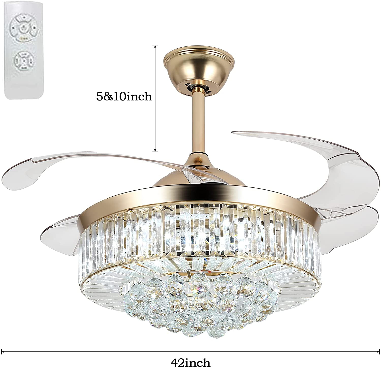 42" Modern Crystal Chandelier Invisible Ceiling Fans w/ LED Light Remote Control 
