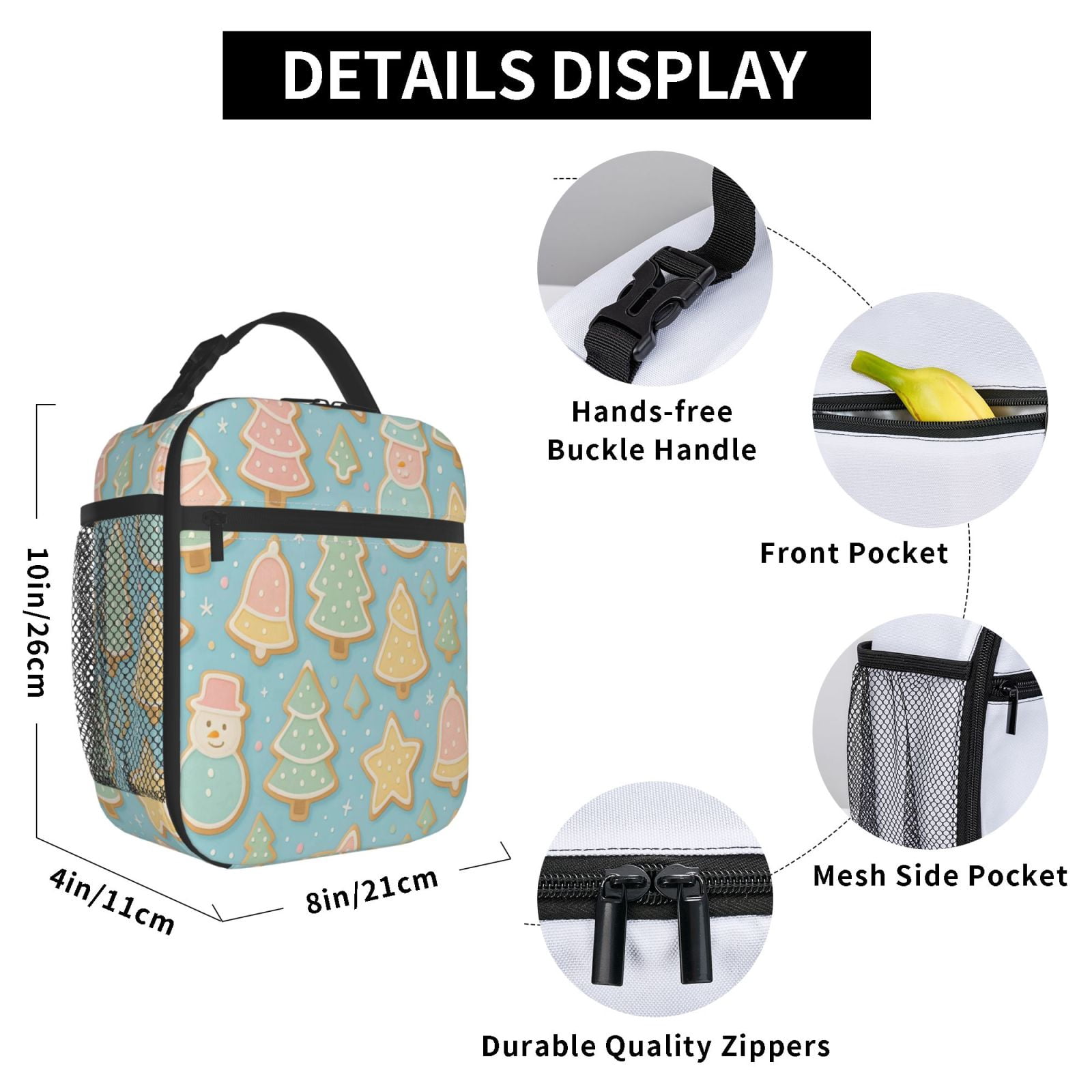 Lunch Bag For Women Men Insulated Portable Lunch Box Bento Box Office Picnic Travel Cooler Bag Christmas Cookie Pattern