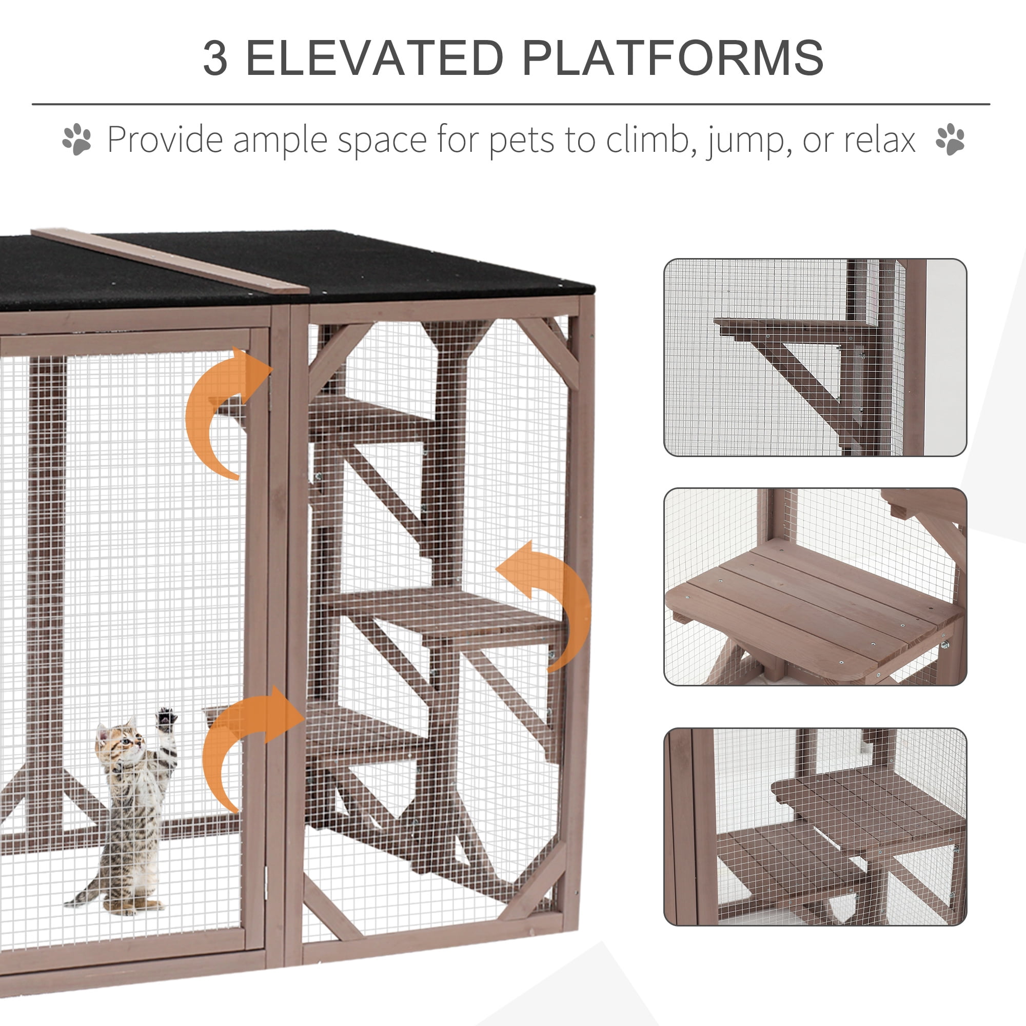 PawHut Wooden Outdoor Cat House Catio Kitten Enclosure Indoor Cage with Asphalt Roof, Multi-Level Platforms and Large Enter Door - 71"L, Brown
