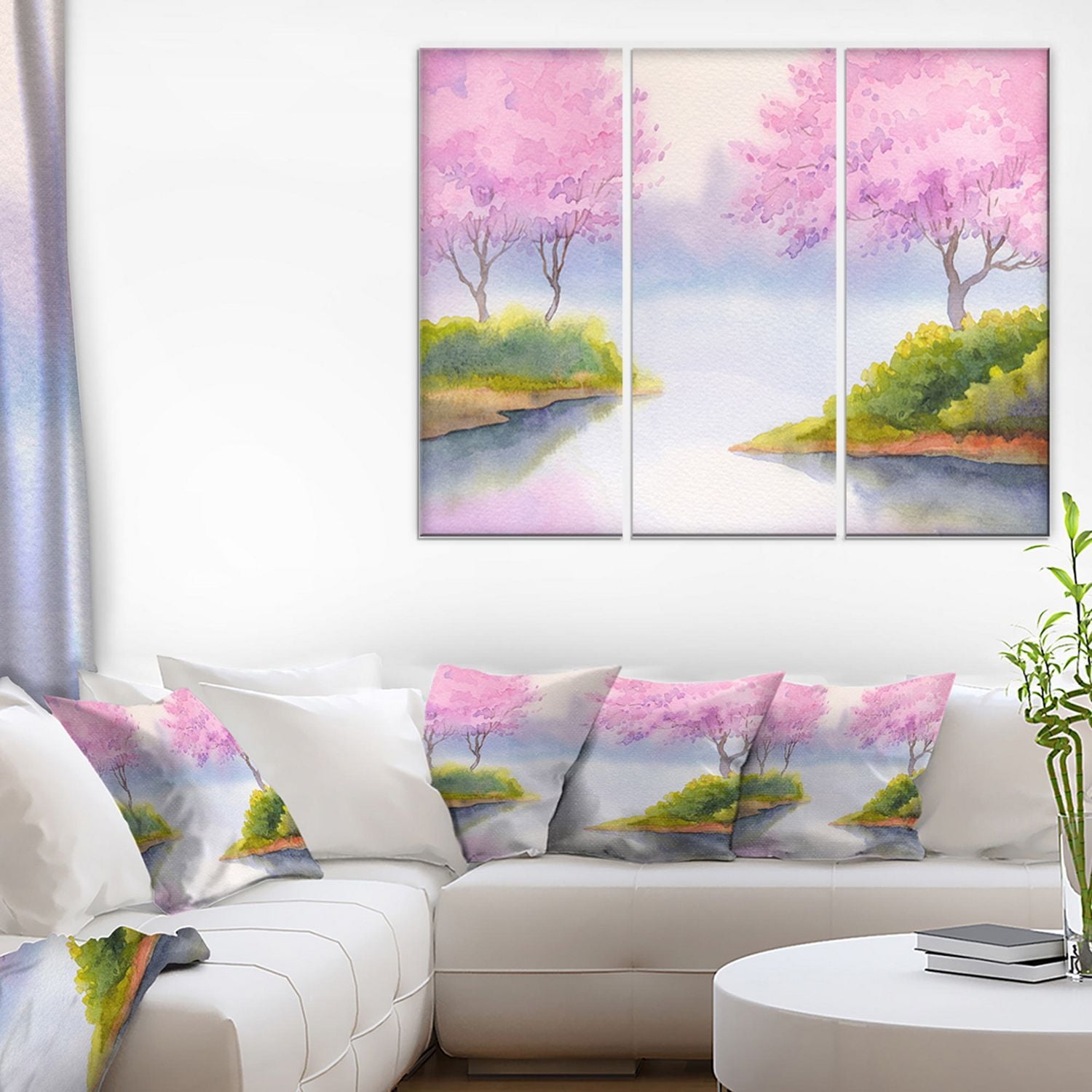 Design Art Flowering Trees over River Canvas Print