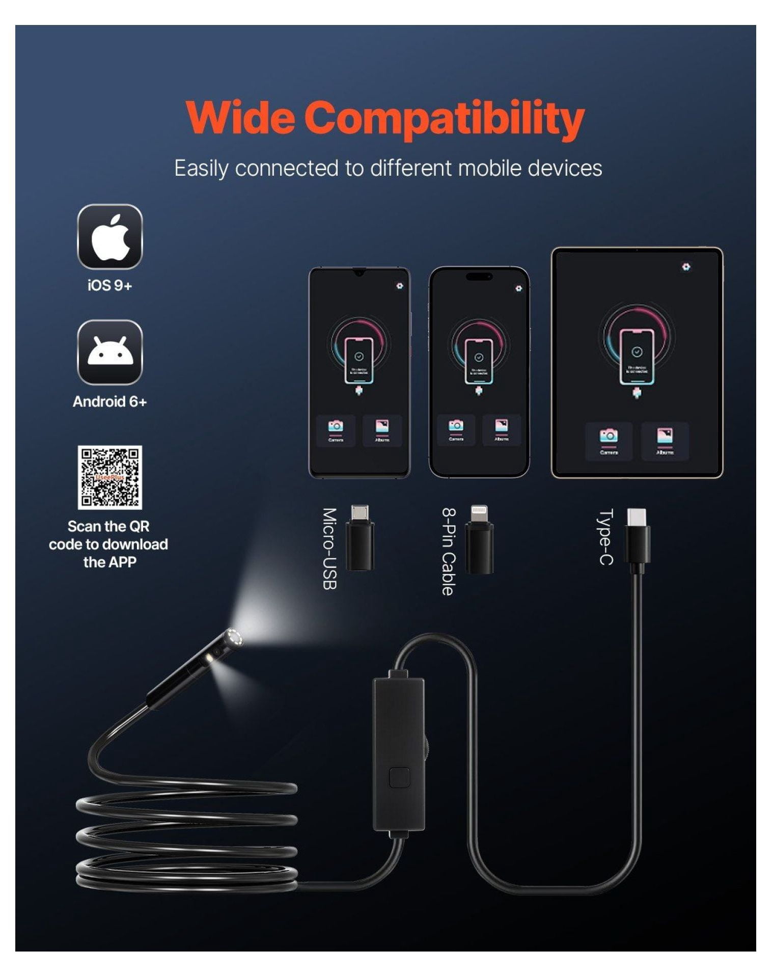 Dual Lens Borescope Endoscope Camera, 10FT Snake Cable, for Android & iOS - Auto Engine, Sewer, HVAC Inspection