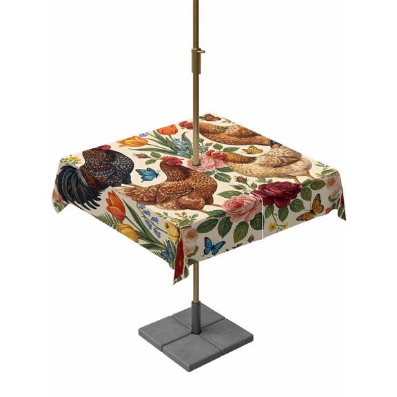 Outdoor Tablecloth with Umbrella Hole for Patio/Picnic/Party/Camping, Rooster Floral Waterproof Table Cloth Square Cover Washable, Farmhouse Spring Flowers Butterflies (60"x 60")