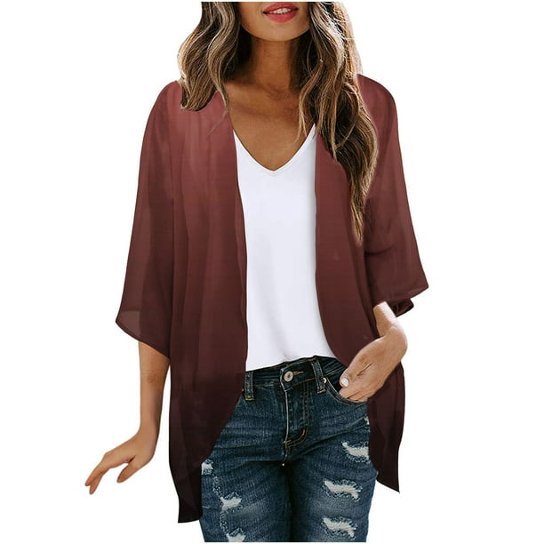 Cárdigan de mujer, blusa informal estampada de manga larga con bolsillo, cárdigan, chaqueta de gasa sin límites para mujer