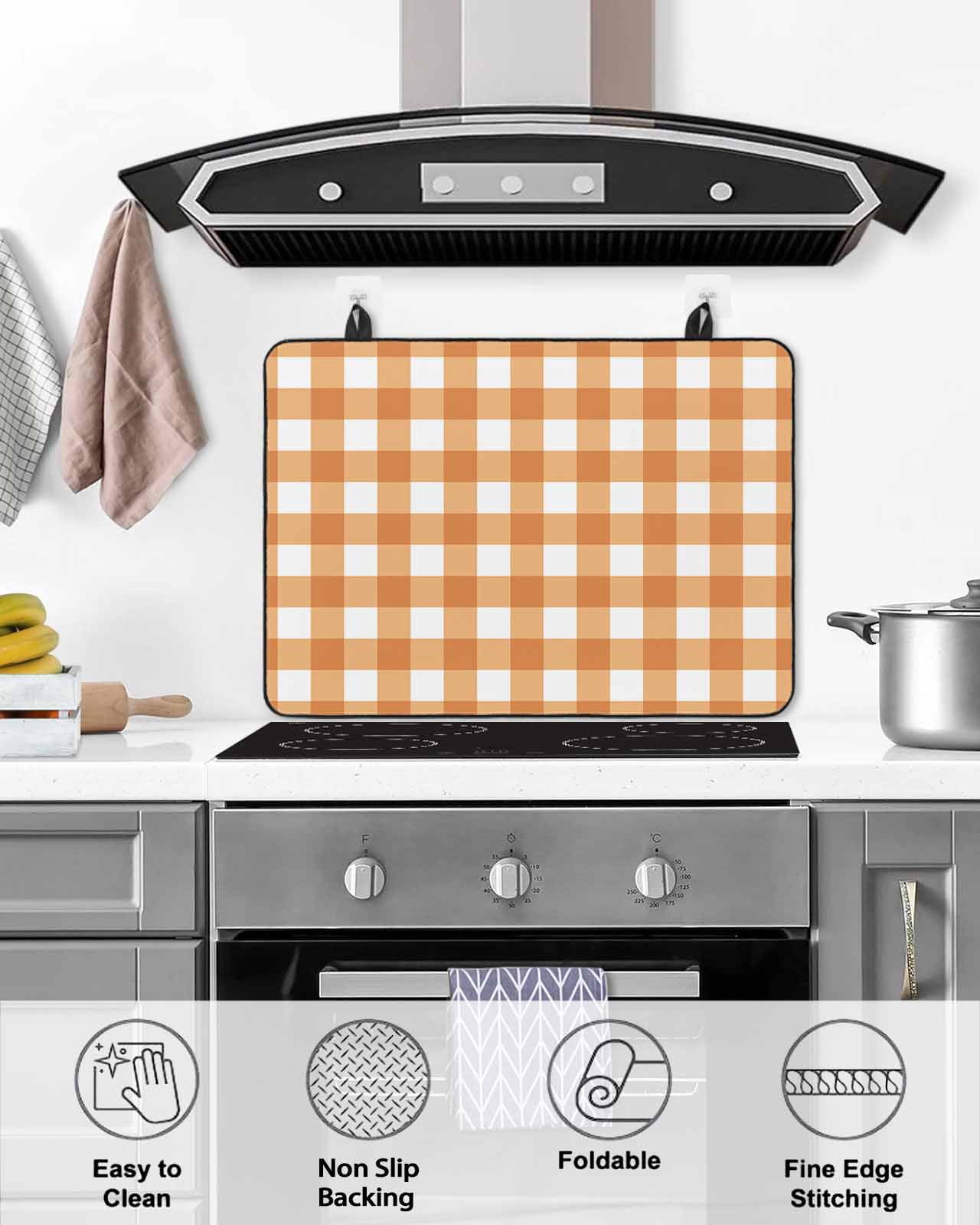 nqOlkjepod Large Induction Cooktop Protector Mat 24"x21", Orange Plaid Stove Top Covers for Electric Stove, Gradient Geometric Buffalo White Checkered Stove Burner Cover Mats, Glass Top Stove Cover