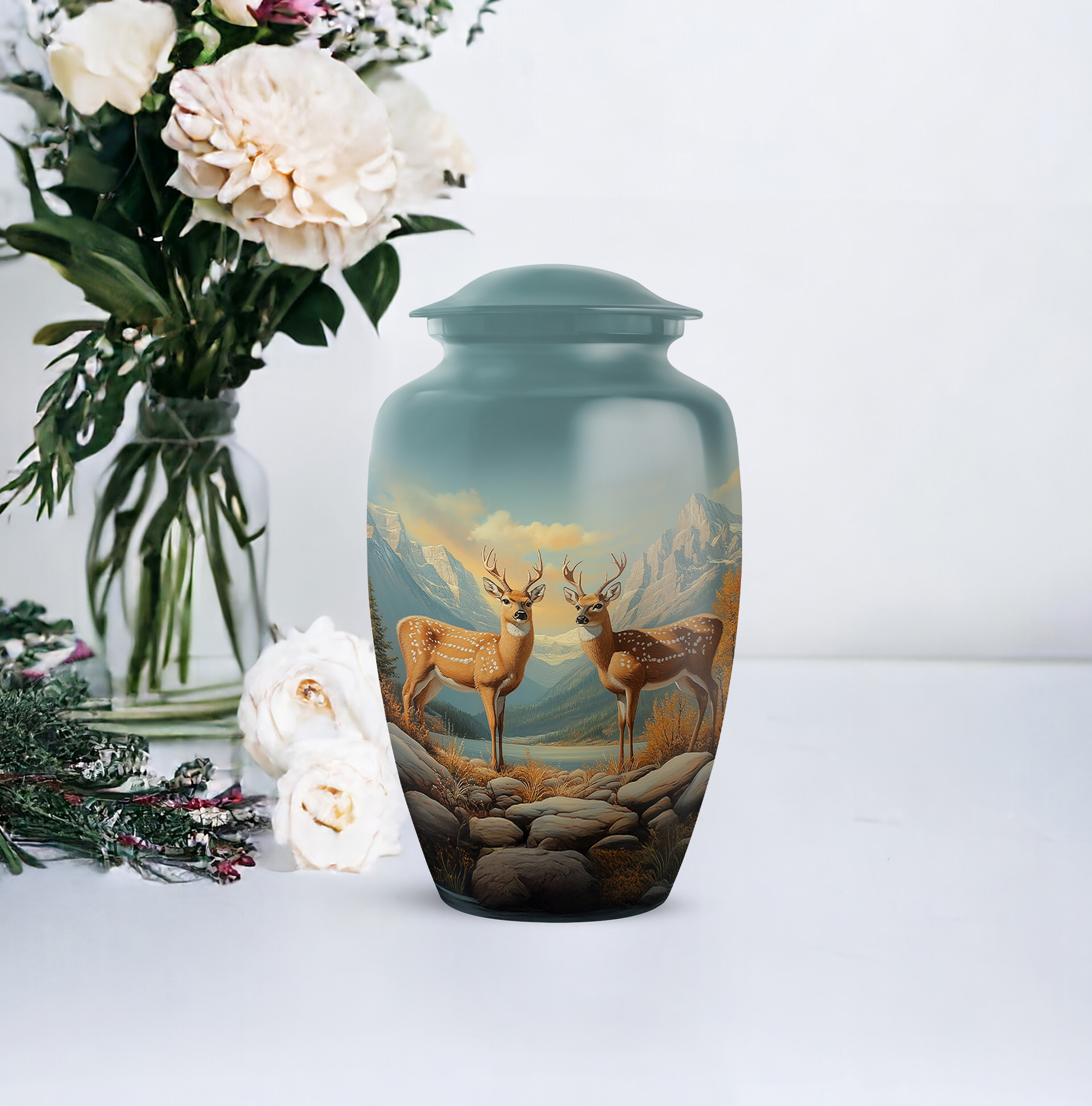 Deer Funeral Urn For Adult Male - Memorial Cremation Urns For Human Ashes Adult Female - Blue Urn For Man And Woman - Large Decorative Urns For Human Ashes Mother - 10 Inch