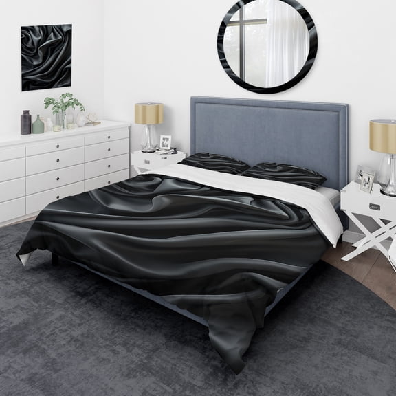 Designart "Noir Curves in Silk Fractal Patterns II" Abstract Fractal Bedding Covert Set - Abstract Black Modern Bed Set With 2 Shams