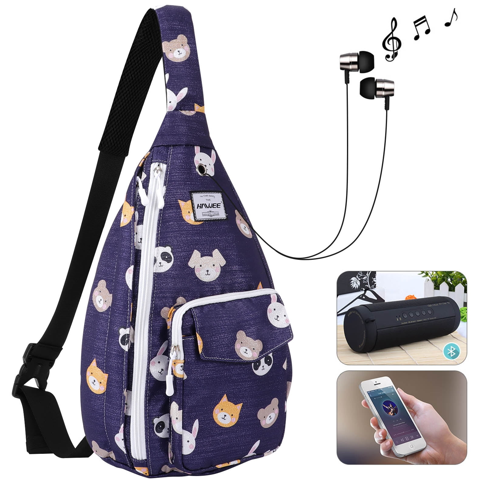 HAWEE Waterproof Crossbody Bag forWomens Chest Sling Backpack with Bear Rabbit Print, Bear