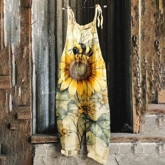 GSPCLAM Wide Leg Overalls for Women Cute Bee Pattern Jumpsuits with Pockets for Touring Fall Loose Fitted Casual Clothing Yellow L