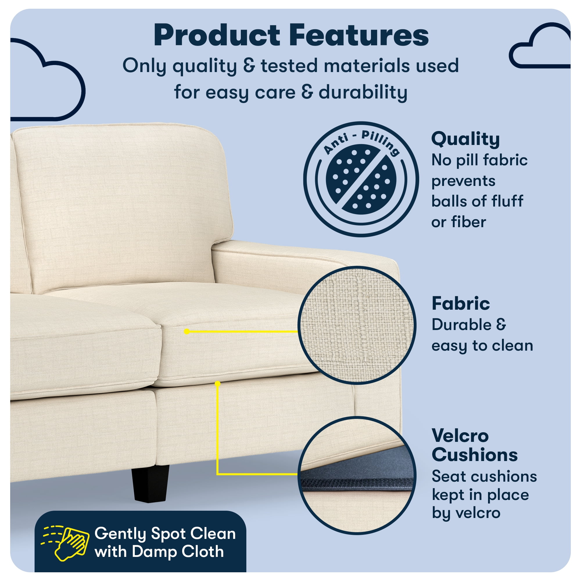 Serta Palisades 61" Track Arm Sofa, Easy Care Polyester, Loveseat or Couch for Small Spaces, Buttercream