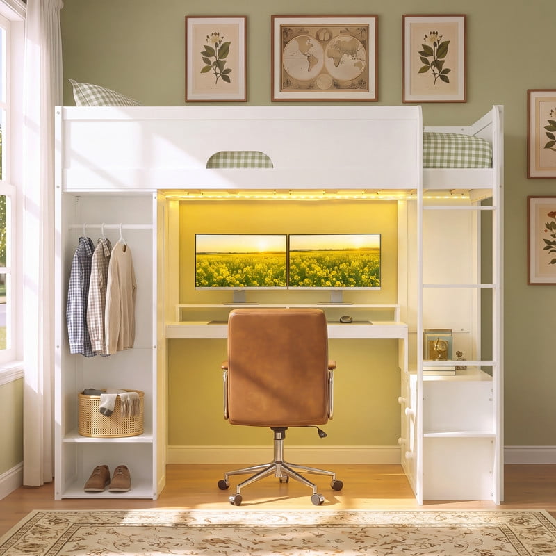 Twin Versatile Loft Bed with L-Shaped Desk, LED Light Strip & Charging Station, Storage Kids Bed Frame with Drawers & Wardrobe