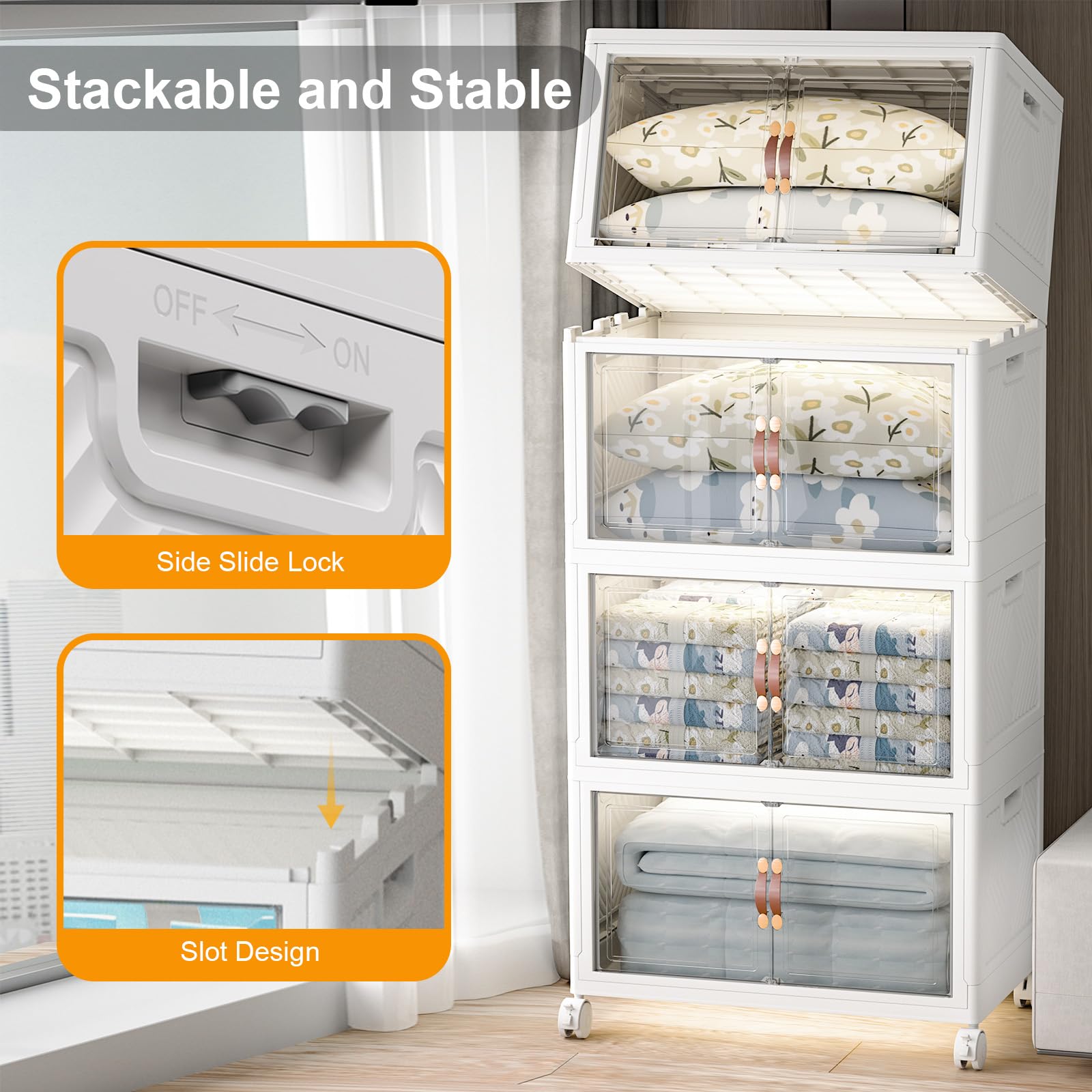 UAMFURI 640QT Stackable Storage Bins with Lids and Wheels, Foldable Closet Organizers, 40GAL*4Pack Plastic Storage Drawers for Kitchen, Bedroom, Dorm