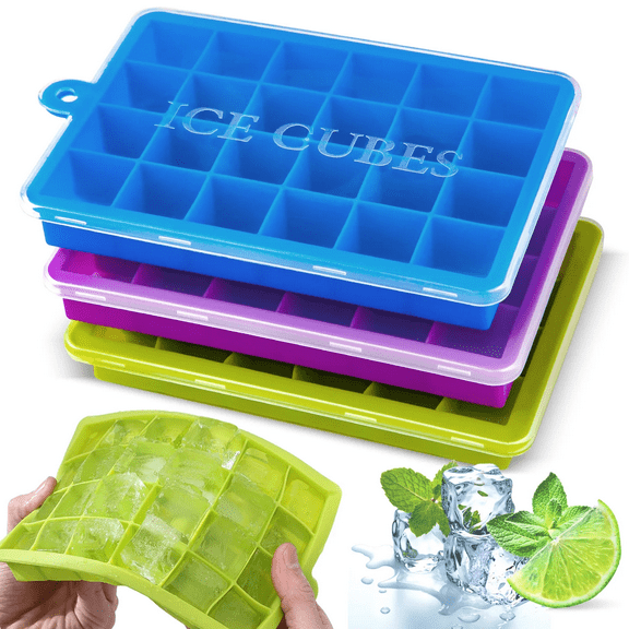 Ice Cube Tray,3 Pack Silicone Ice Cube Molds,Ice Cube Trays,Silicone Ice Trays,Easier to Release,BPA Free for Alcohol/Coffee/Beverages (Blue,Green,Purple;)