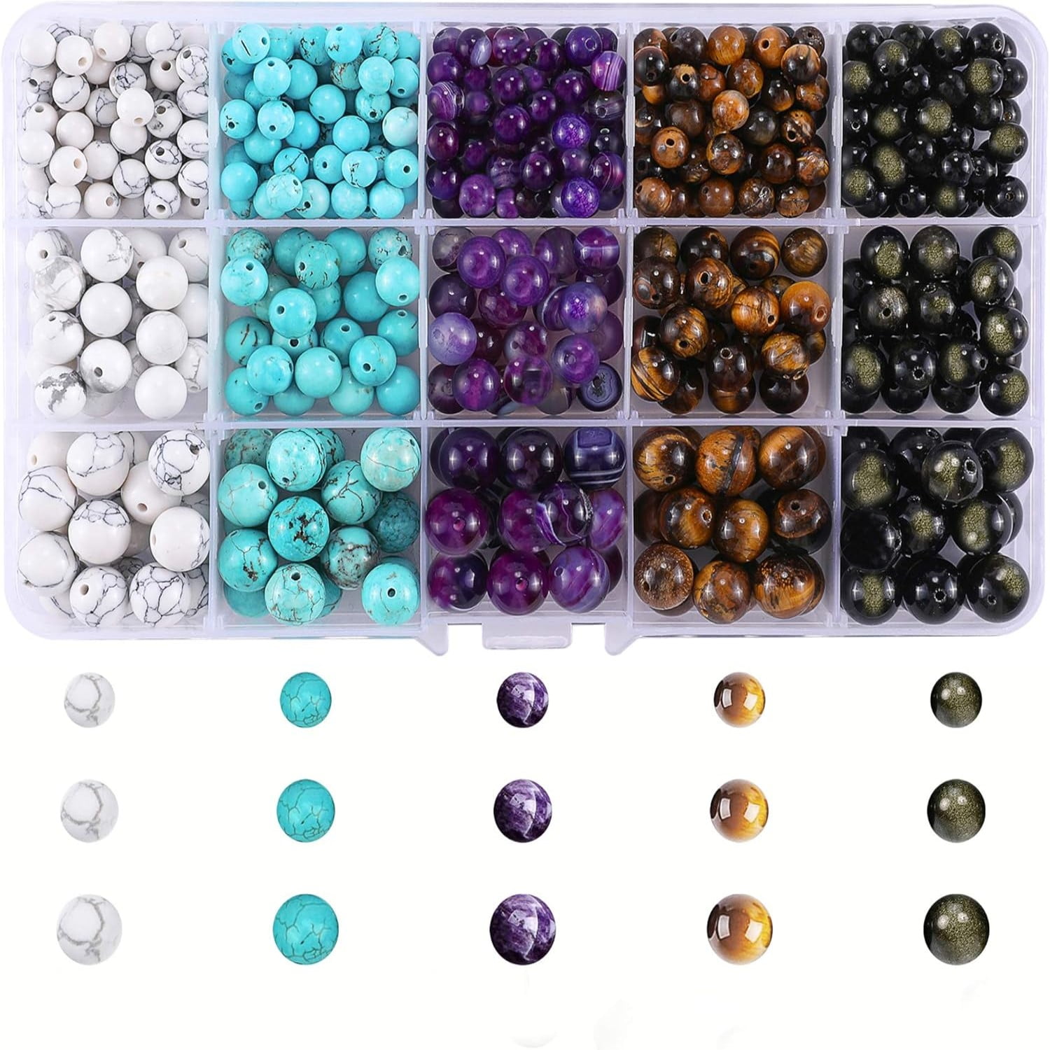 480Pcs 3 Sizes 5 Colors 15-Grid Natural Stone Beads - Universal DIY Jewelry & Gift Making Supplies