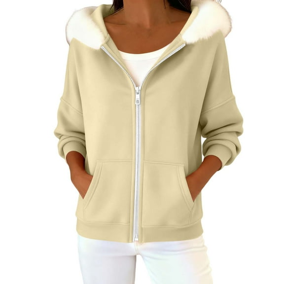 ZUKMRJPC Women's Zip Up Hoodie Long Sleeve Fleece Lined Faux Fur Collared Fall Winter Lightweight Hooded Sweatshirt with Pockets
