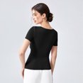 thumbnail image 4 of Camisa informal de oficina en colores sólidos, negra L Top de punto con busto fruncido y corte ajustado para mujer, 4 of 6