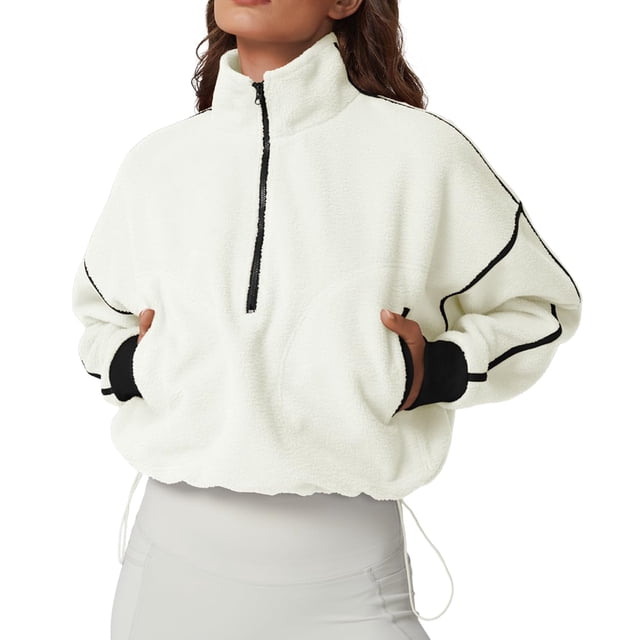 Chaqueta corta de forro polar sherpa con media cremallera para mujer QINSEN