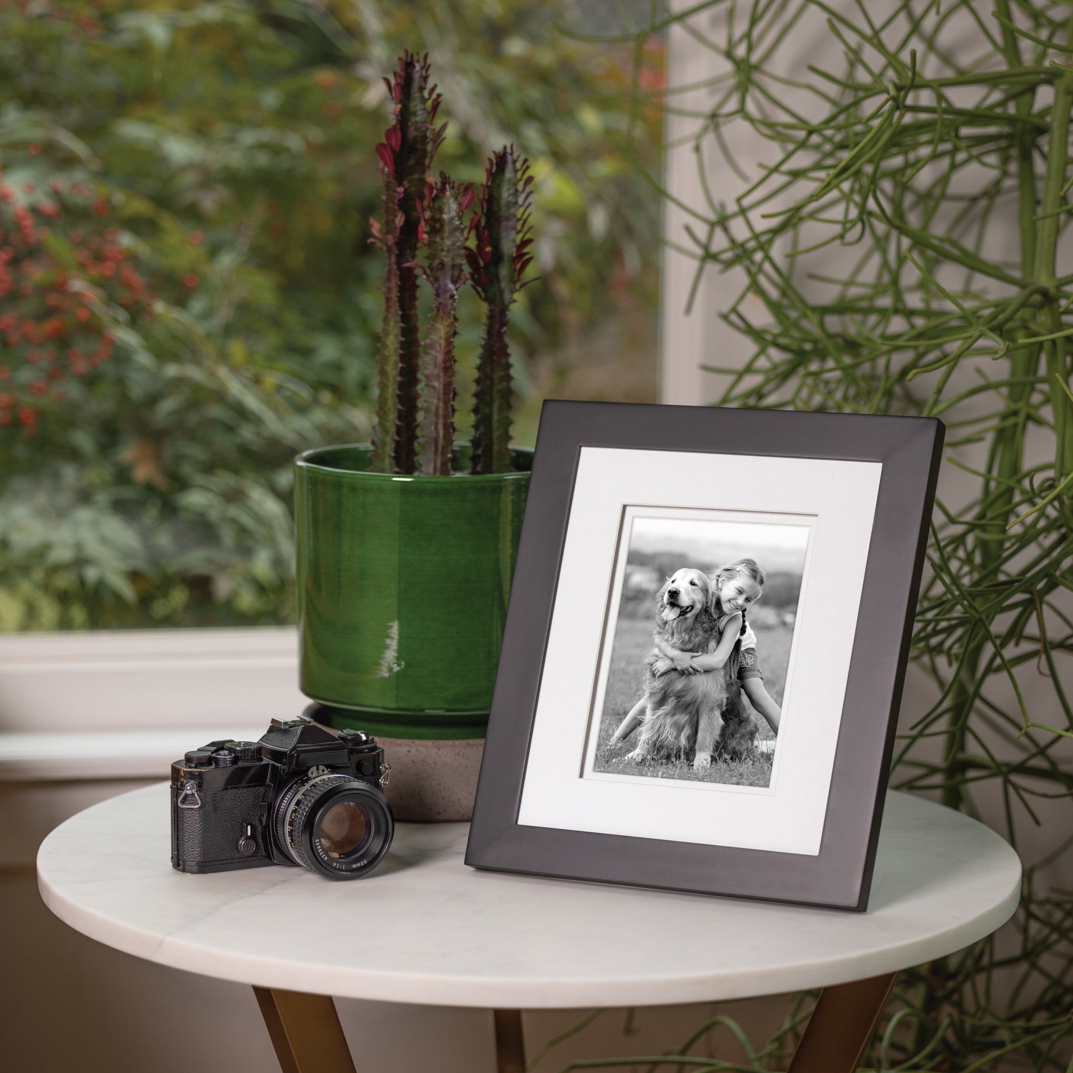 Gallery Solutions 8"x10" Picture Frame - Tabletop or Wall Mount - for 5"x7" Photos with Double White Mat, Black