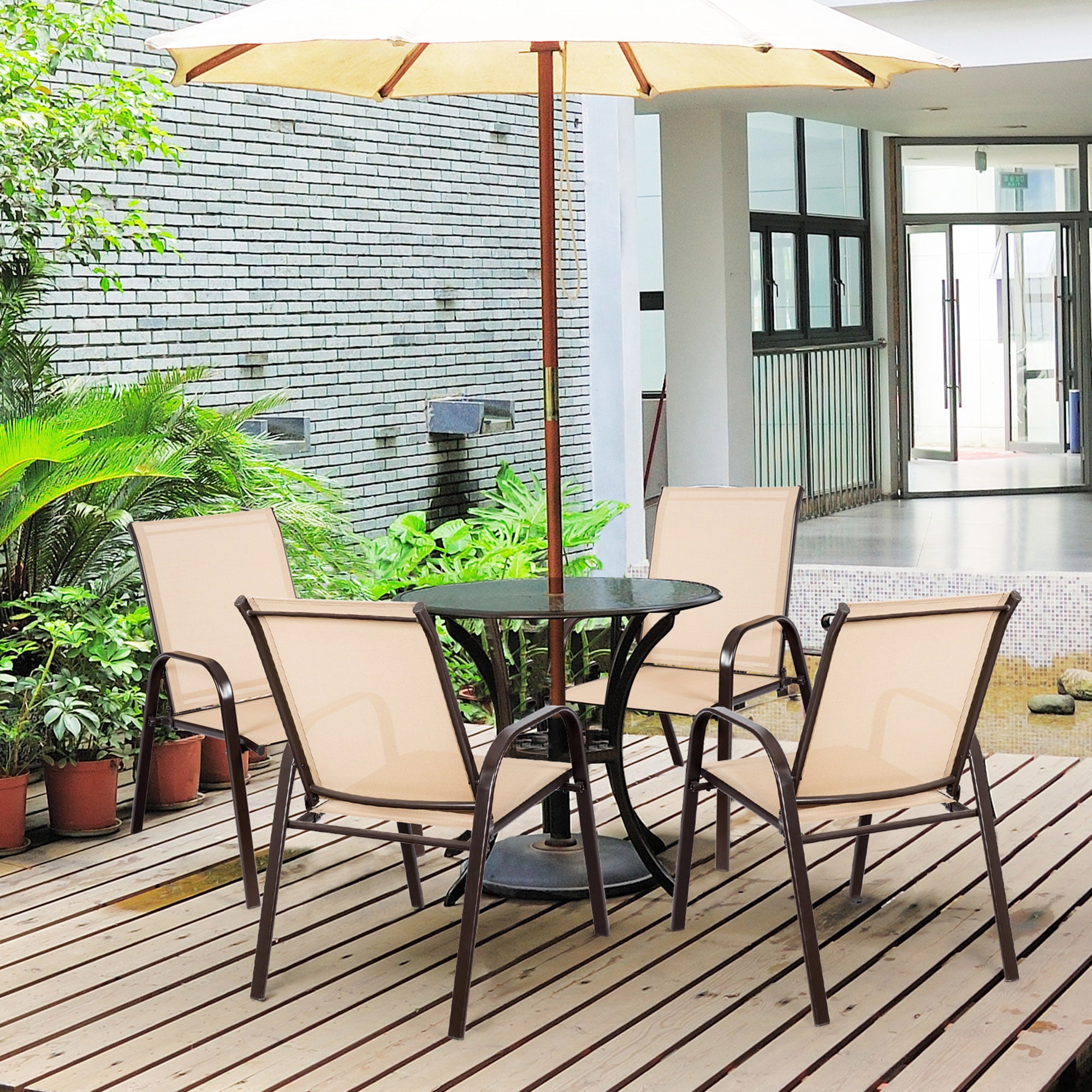 Gymax Set of 2 Patio Chairs Dining Chairs w/ Steel Frame Yard Outdoor Beige