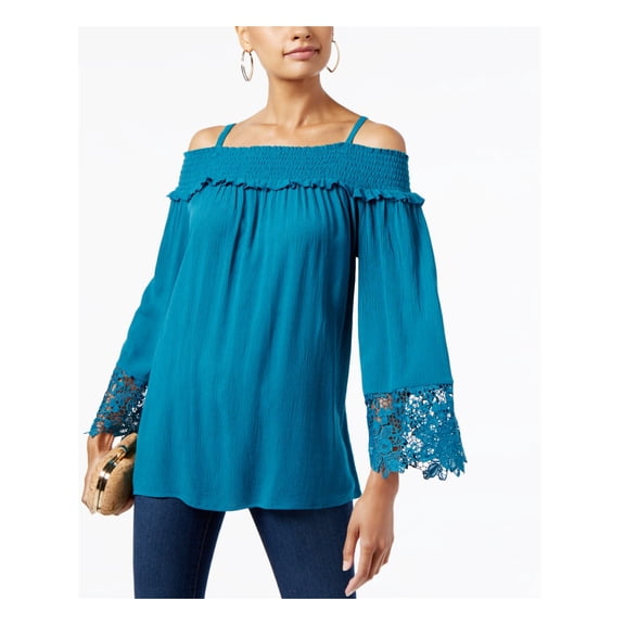 INC Womens Teal Lace Cut Out Kimono Sleeve Square Neck Top Size: XS