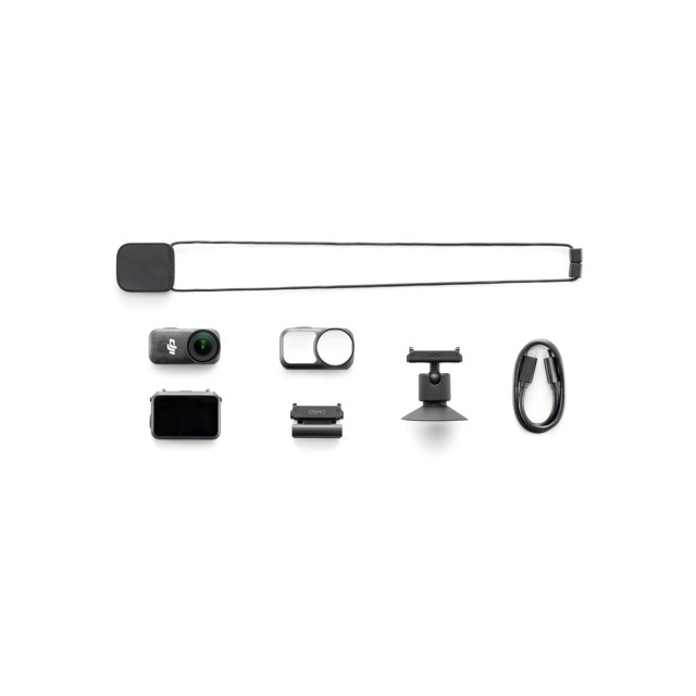 OSMO NANO Standard Combo (128GB) with a compact 4K/60fps action camera featuring a 143° wide field of view, magnetic dual-sided design, touchscreen display, two magnetic mounts including a suction cup base, USB-C charging cable, and black neck strap on white background, ideal for hands-free adventure filming.