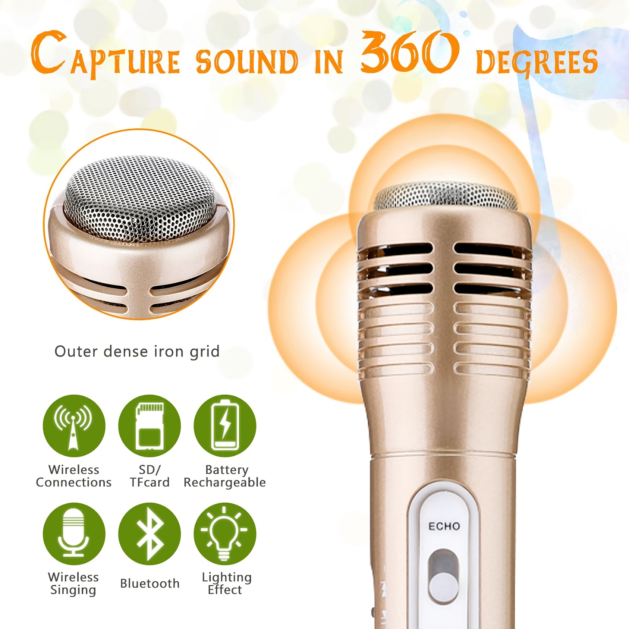 Microphone Karaoke Sans Fil - Karaoké Bluetooth Portable pour Enfants/Adultes - Or rose - Jeux - Jouets