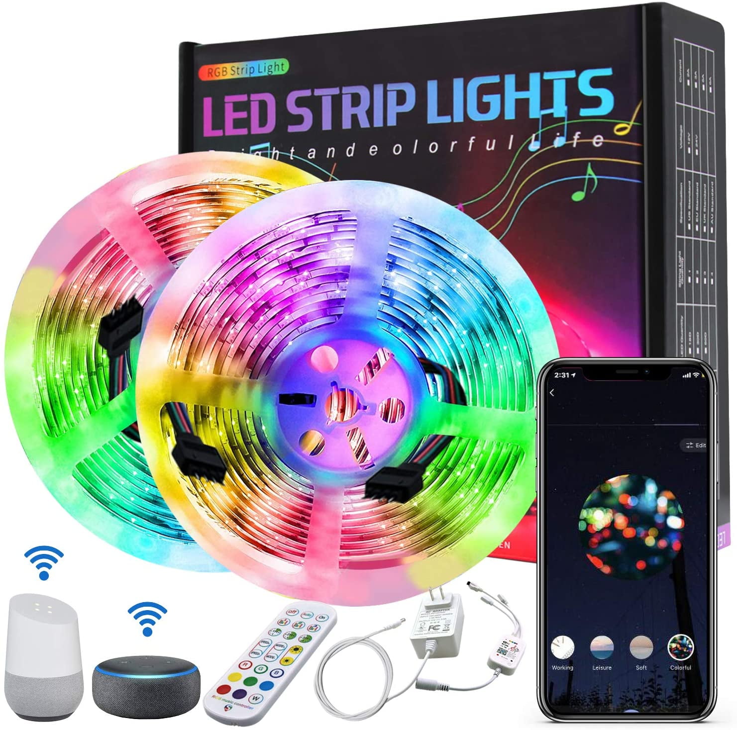 32.8ft Multi-colored Smart Wi-Fi RGB LED Strip Lights with Remote and App Control