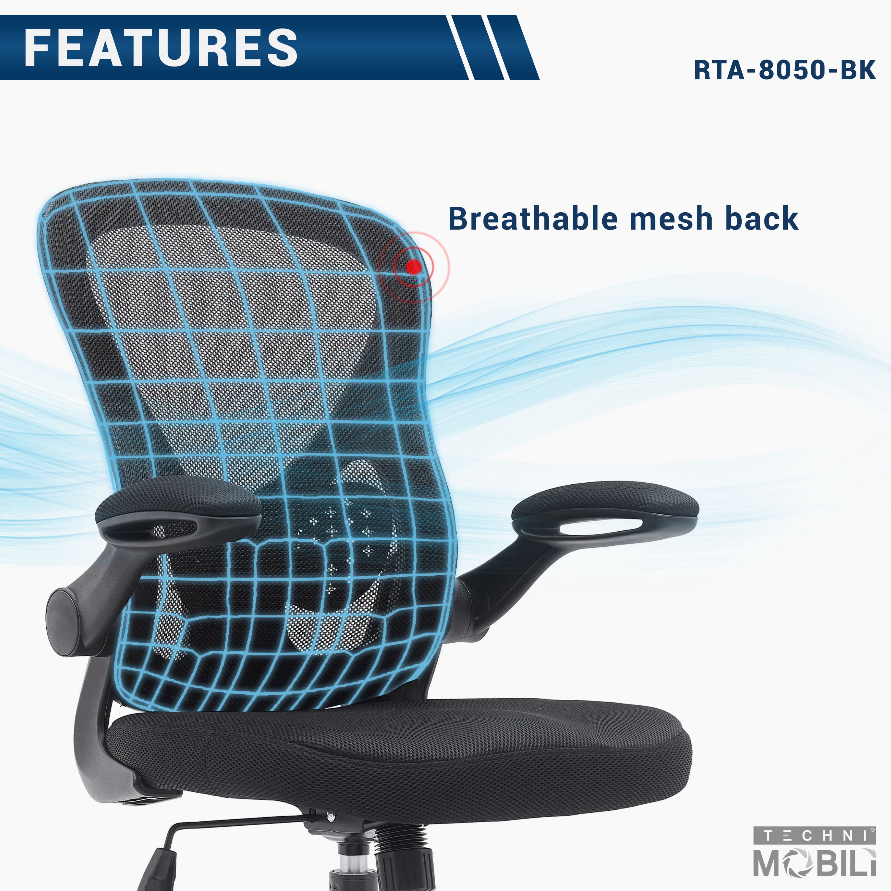 Techni Mobili Black Mesh Office Chair with Lumbar Support and Flip-Up Armrests, RTA-8050-BK
