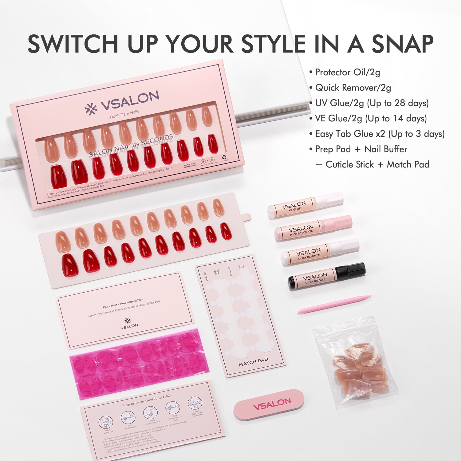 VSALON Short Coffin Press-On Nails - 42 PCS Solid Nude Pink Main Nails in 16 Sizes Red Alternative Fall Nails - Reusable Fake Nail Kit with UV Glue, Easy Tabs, Nail Glue, Remover (Stained Glass)