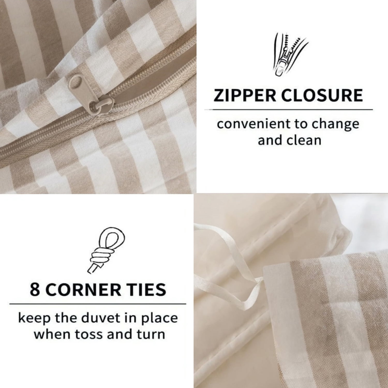 JOLUSERE 100% Organic Cotton Striped Duvet Cover Twin Set, 2-Piece Linen Like Textured Breathable Bedding Cover（Beige& White Classic Stripes）