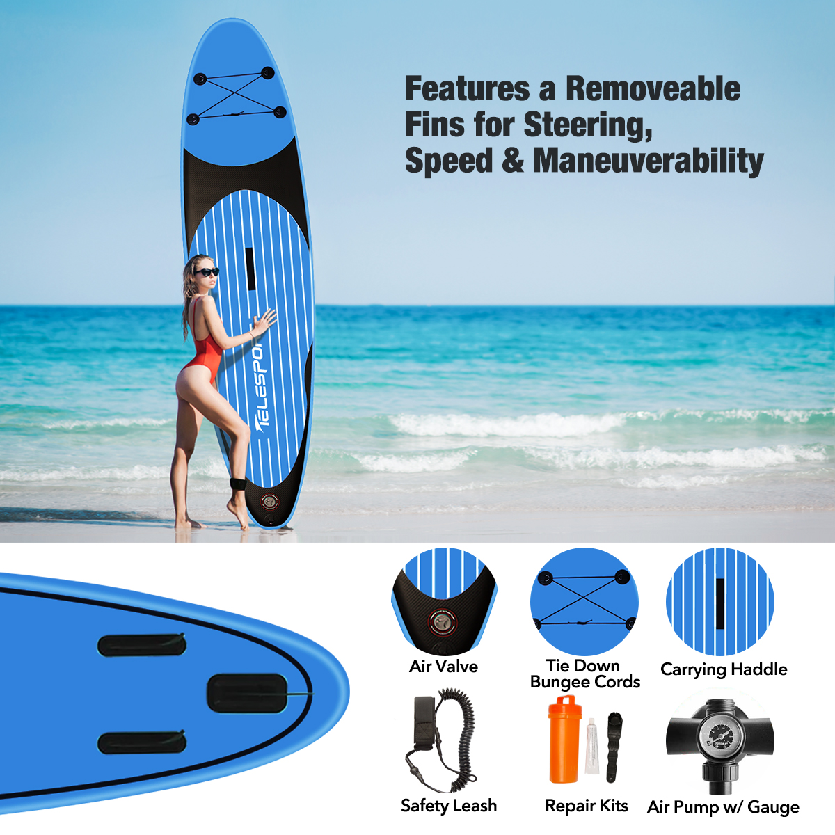 Telesport Inflatable Stand Up Paddle Board 10.6ft with SUP Carry Bag, Adjustable Paddles Non-Slip Deck, Leash and Fin for Padding Surfing - image 6 of 7