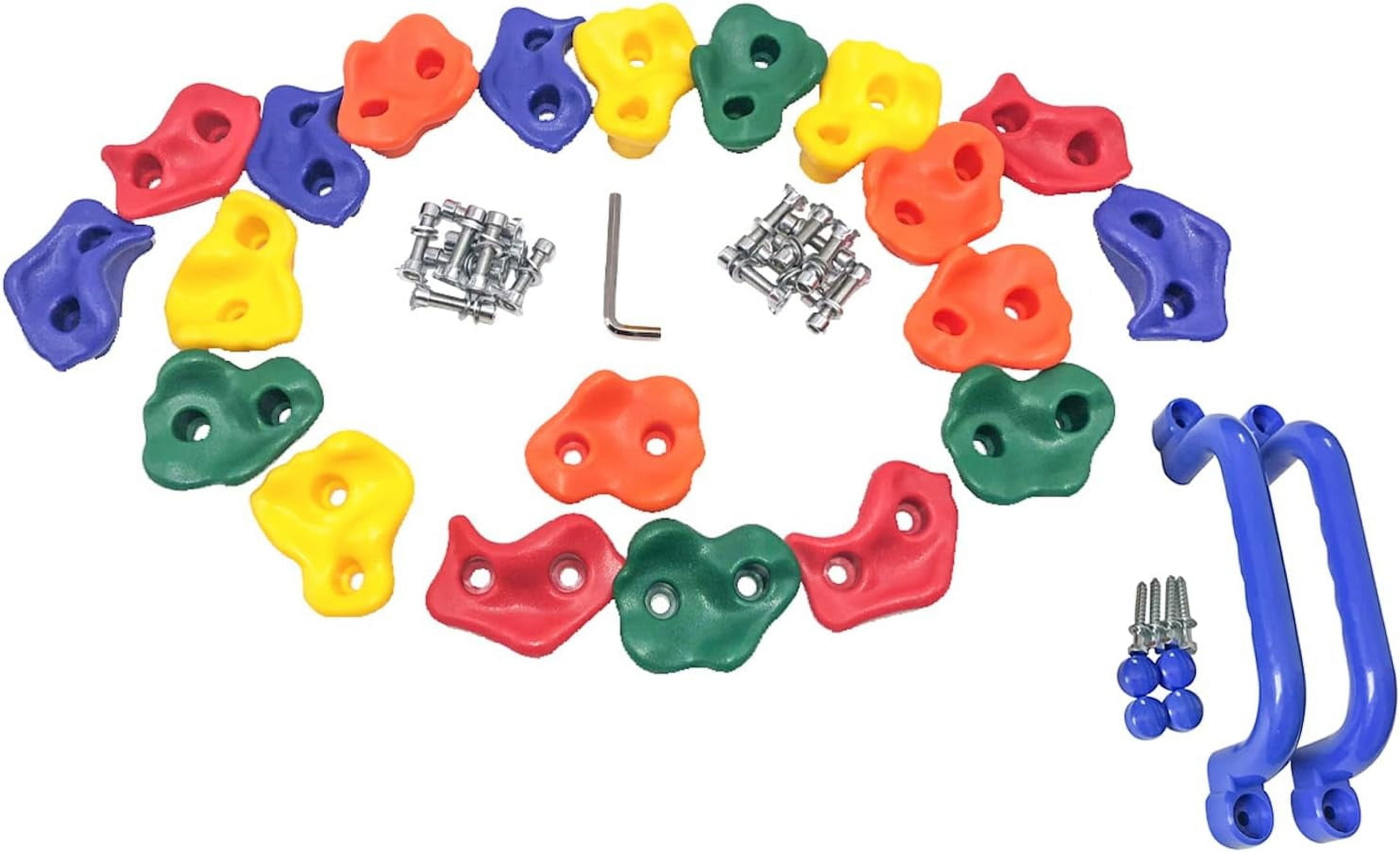 KINSPORY Colorful Rock Wall Climbing Holds Set for Kids with Blue Handles, 20pc Indoor Outdoor Playground Equipment