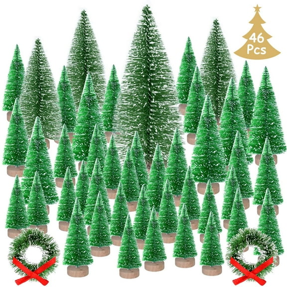 46Pcs Mini Christmas Village Trees, Bottle Brush Trees, Sisal Snow Forested Trees with Christmas Wreaths for Christmas House Decorations, Diorama Models, Small Size Trees