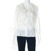 Pre-owned|Escada Womens Embroidered Ruffled Trim Button Front Shirt White Cotton EU 36